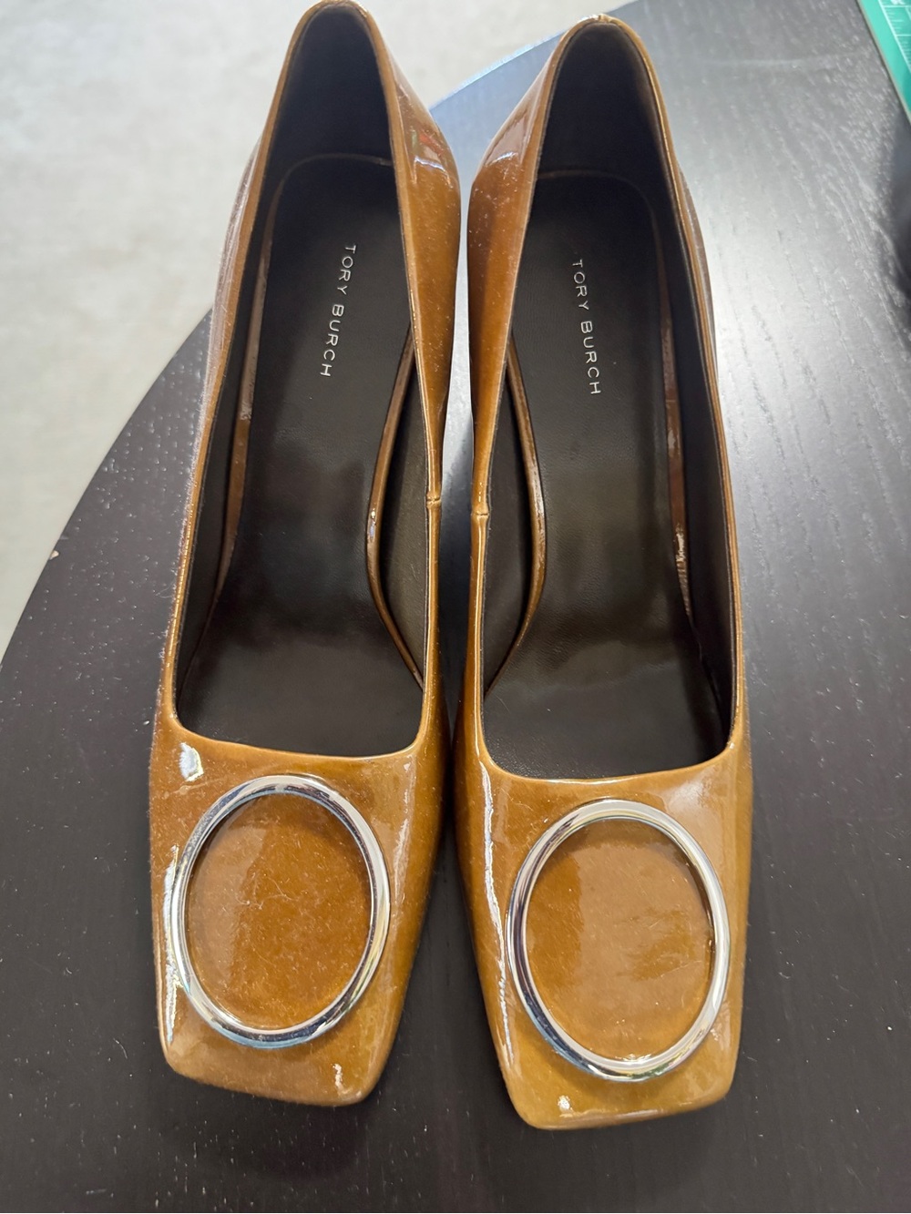 Tory Burch Camel Patent Leather Square-Toe Pumps with Silver Ring